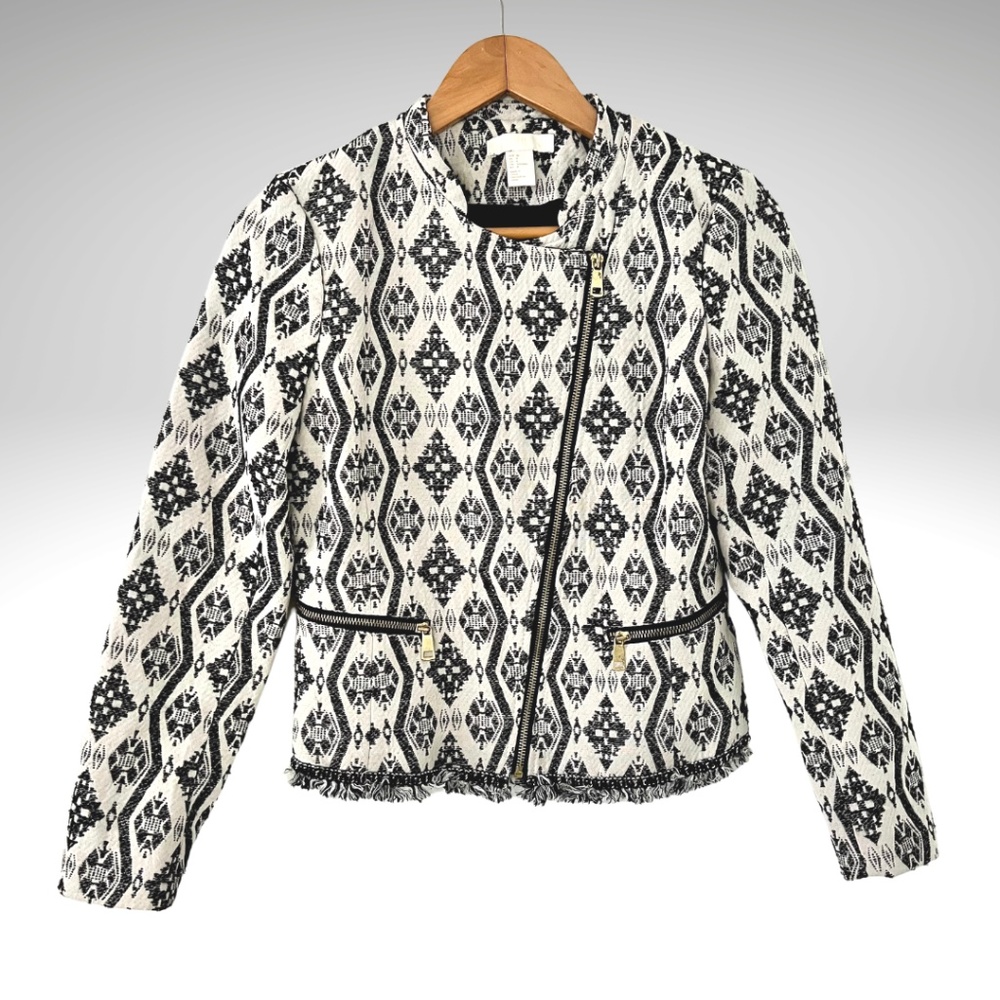 H&M Women's Black & White Tribal Aztec Print Moto Jacket Size Medium